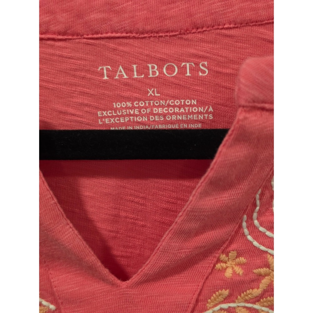 Talbots Coral Pink Embroidered Split Neck Flutter Sleeve Cotton Top XL - Picture 2 of 10